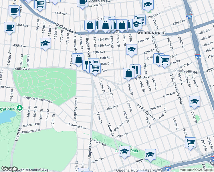 map of restaurants, bars, coffee shops, grocery stores, and more near 46-76 Hollis Court Boulevard in Queens
