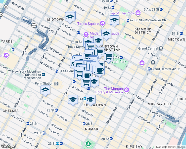 map of restaurants, bars, coffee shops, grocery stores, and more near 1370 Broadway in New York