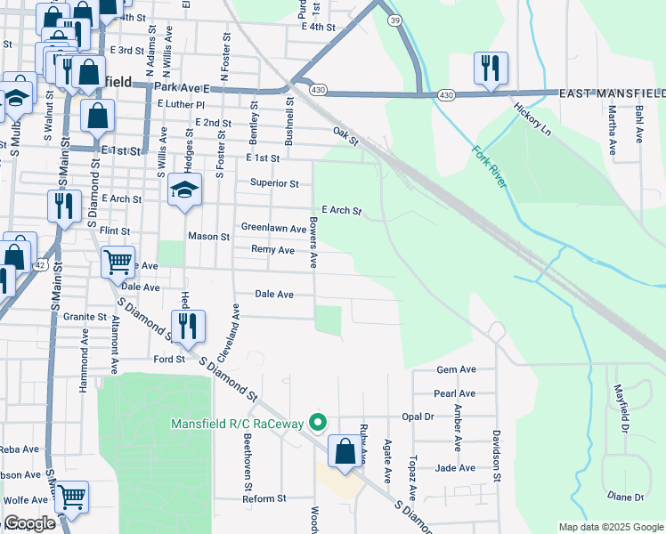 map of restaurants, bars, coffee shops, grocery stores, and more near 372 Remy Avenue in Mansfield
