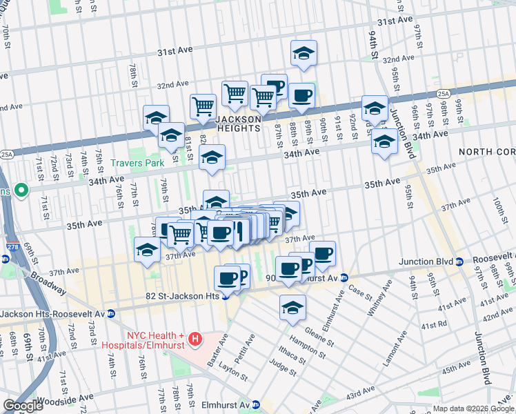 map of restaurants, bars, coffee shops, grocery stores, and more near in Queens