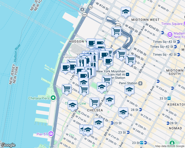 map of restaurants, bars, coffee shops, grocery stores, and more near 519 West 29th Street in New York