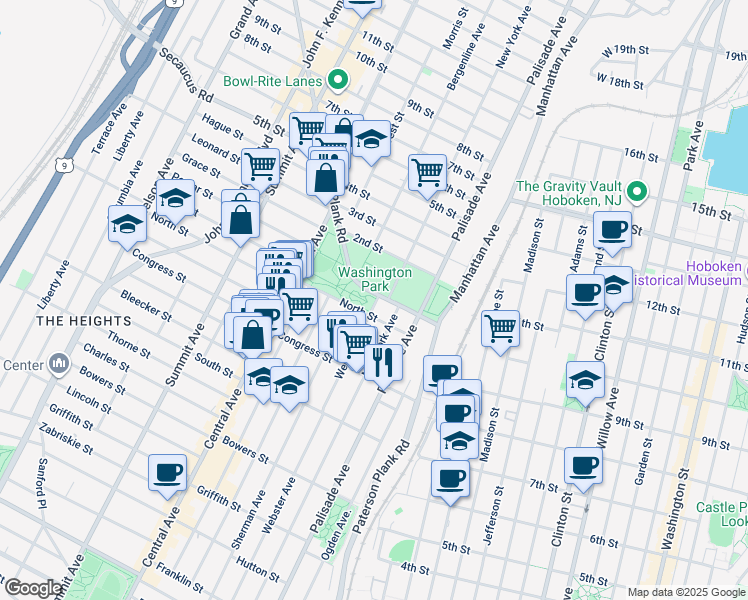 map of restaurants, bars, coffee shops, grocery stores, and more near 399 Webster Avenue in Jersey City