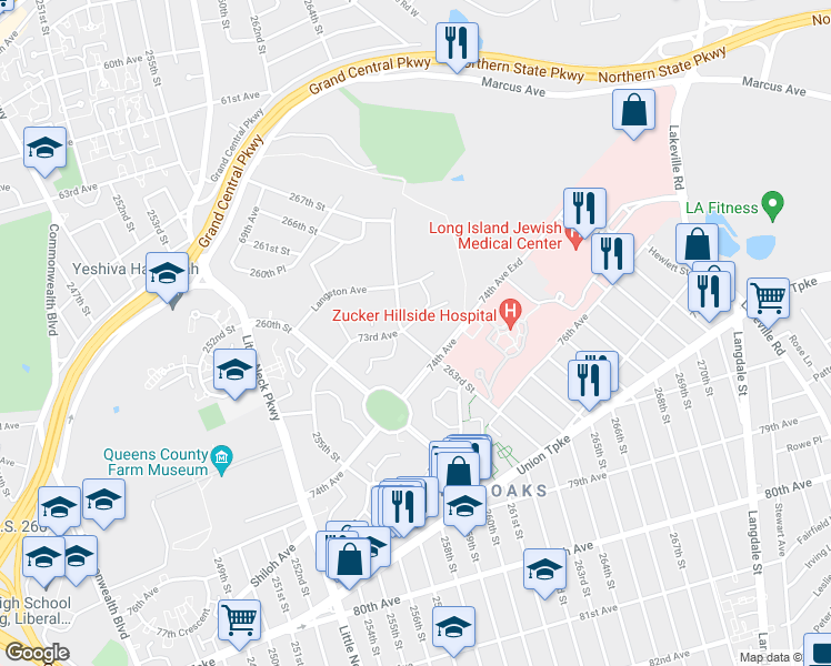 map of restaurants, bars, coffee shops, grocery stores, and more near 73-3 263rd Street in Queens