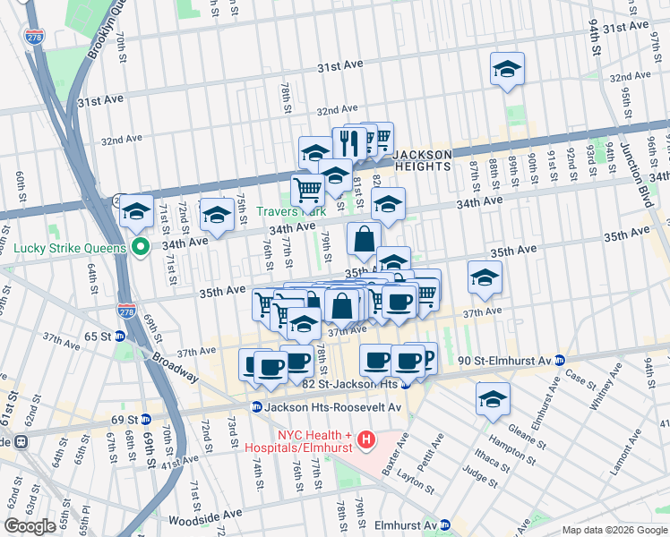 map of restaurants, bars, coffee shops, grocery stores, and more near 79-01 35th Avenue in Queens