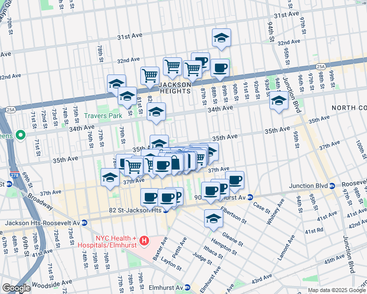 map of restaurants, bars, coffee shops, grocery stores, and more near in Queens