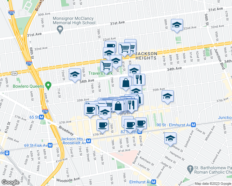 map of restaurants, bars, coffee shops, grocery stores, and more near in Queens