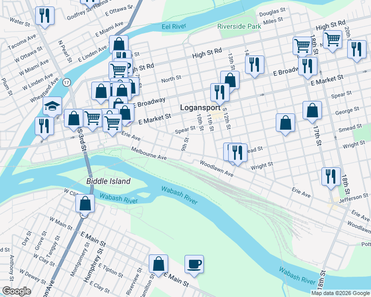 map of restaurants, bars, coffee shops, grocery stores, and more near 829 Spencer Street in Logansport
