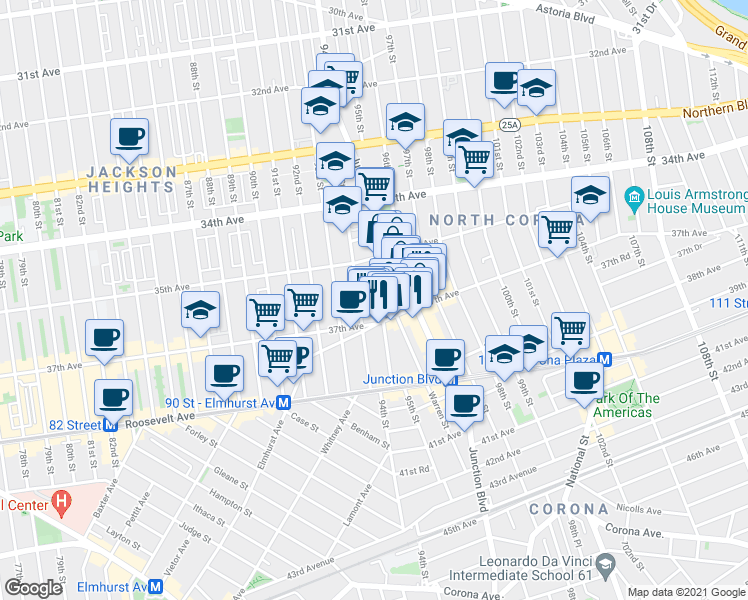 map of restaurants, bars, coffee shops, grocery stores, and more near 35-44 95th Street in Queens