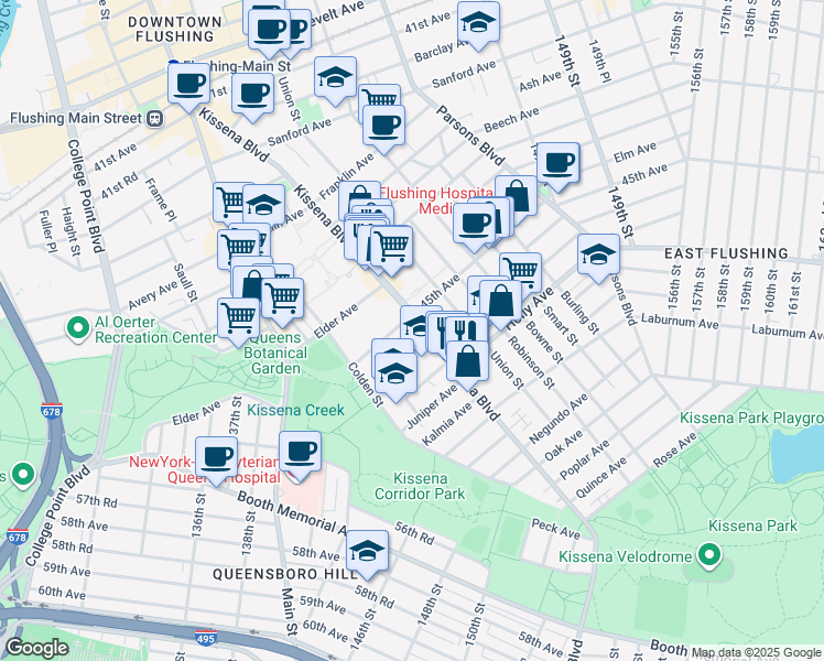 map of restaurants, bars, coffee shops, grocery stores, and more near 45-10 Kissena Boulevard in Queens
