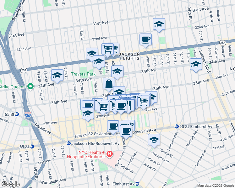 map of restaurants, bars, coffee shops, grocery stores, and more near 35-45 82nd Street in Queens