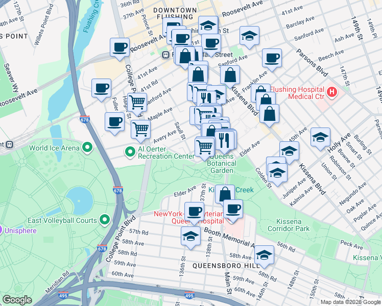 map of restaurants, bars, coffee shops, grocery stores, and more near 13409 Cherry Avenue in Queens