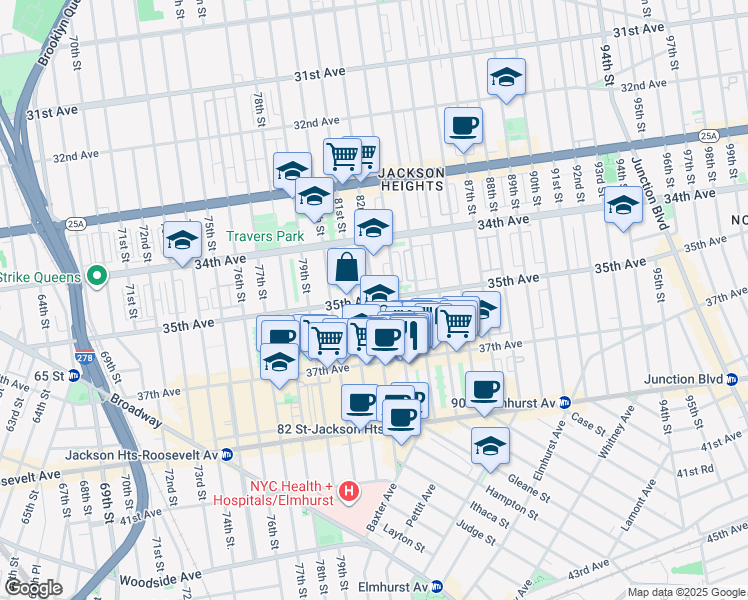 map of restaurants, bars, coffee shops, grocery stores, and more near 8215 35th Avenue in Queens