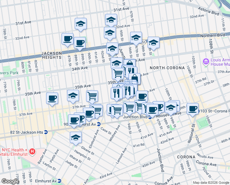 map of restaurants, bars, coffee shops, grocery stores, and more near 35-35 93rd Street in Queens