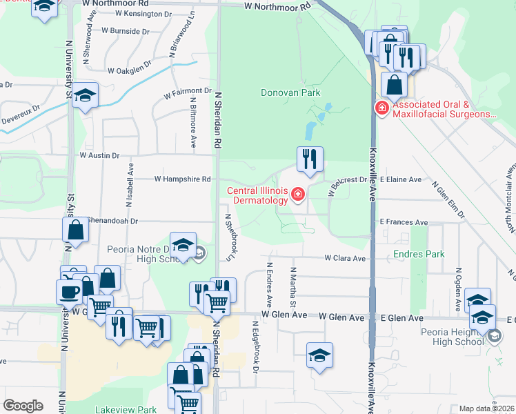 map of restaurants, bars, coffee shops, grocery stores, and more near 509 West Hidden Lane in Peoria