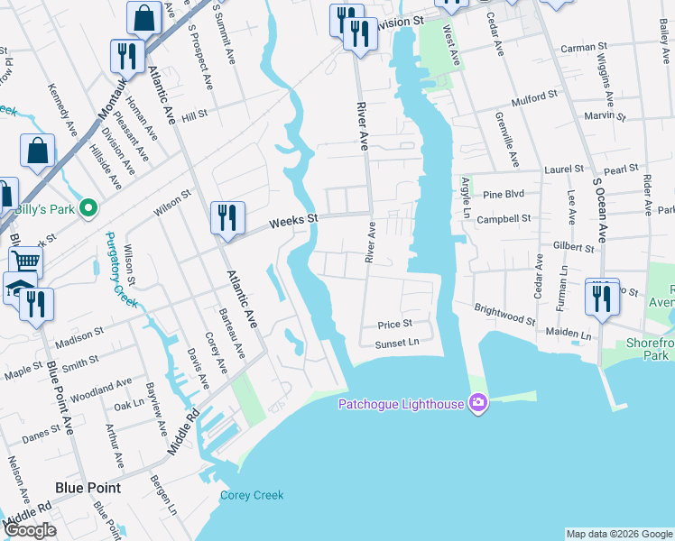 map of restaurants, bars, coffee shops, grocery stores, and more near 68 Fair Harbor Drive in Patchogue