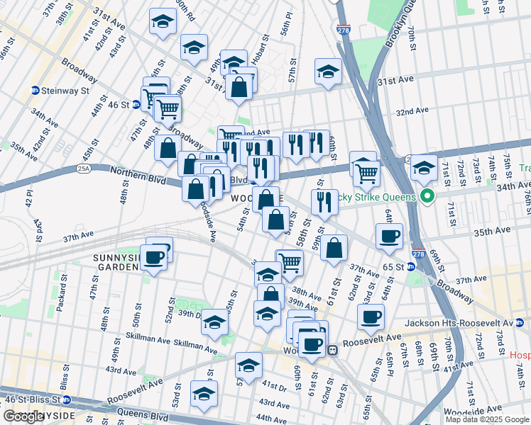 map of restaurants, bars, coffee shops, grocery stores, and more near 33-48 55th Street in Queens