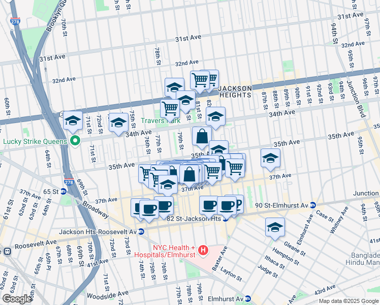 map of restaurants, bars, coffee shops, grocery stores, and more near 79-15 35th Avenue in Queens