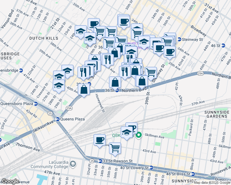 map of restaurants, bars, coffee shops, grocery stores, and more near 34-18 Northern Boulevard in Queens
