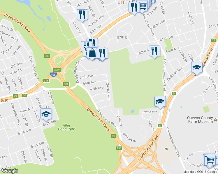 map of restaurants, bars, coffee shops, grocery stores, and more near 240-83 67th Avenue in Queens
