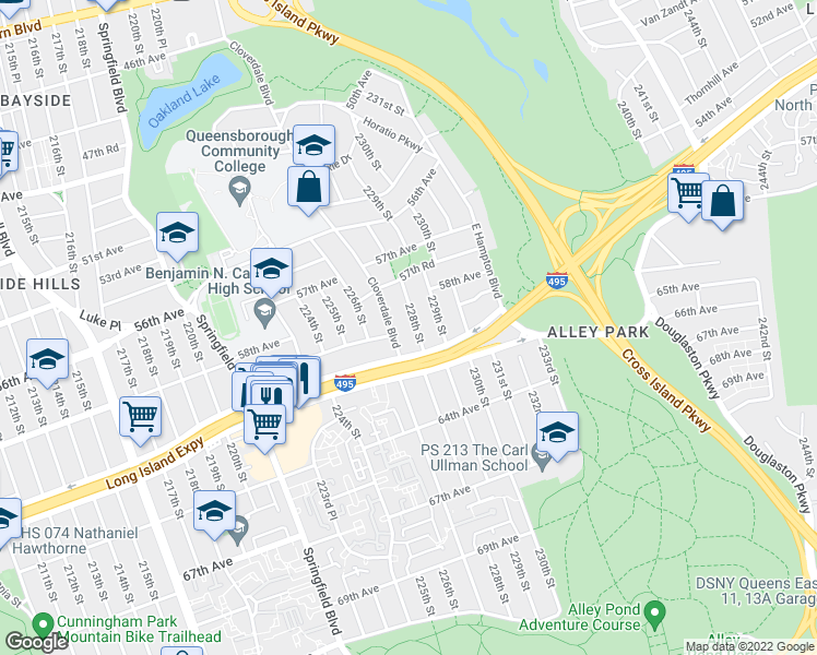 map of restaurants, bars, coffee shops, grocery stores, and more near 57-69 228th Street in Queens