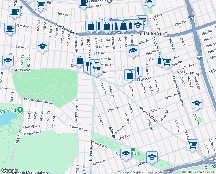 map of restaurants, bars, coffee shops, grocery stores, and more near 46-76 Hollis Court Boulevard in Queens