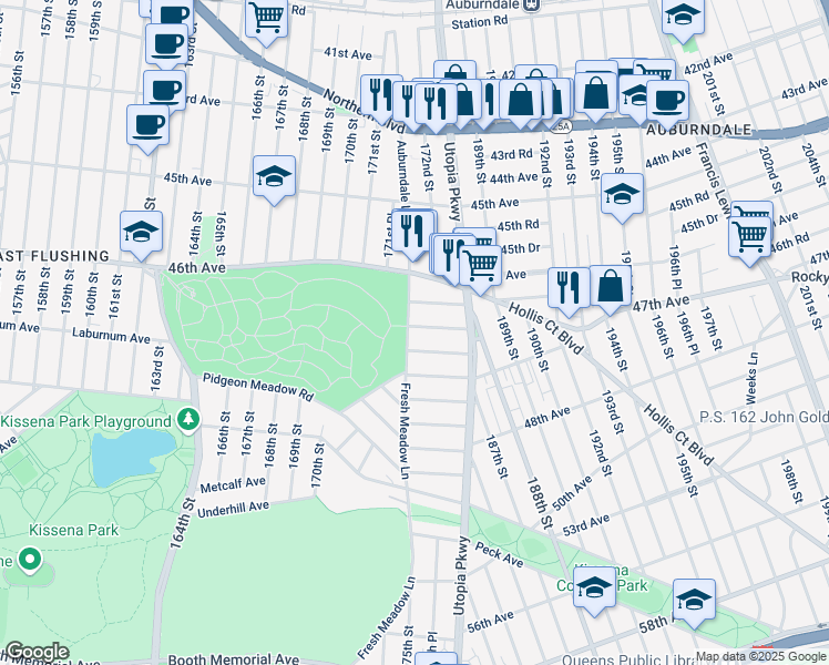 map of restaurants, bars, coffee shops, grocery stores, and more near 171-15 Bagley Avenue in Queens