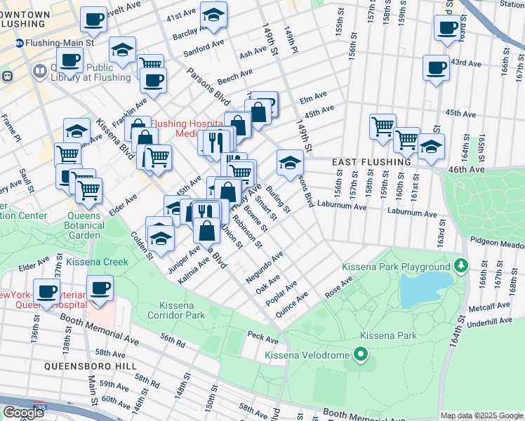 map of restaurants, bars, coffee shops, grocery stores, and more near 46-35 Smart Street in Queens
