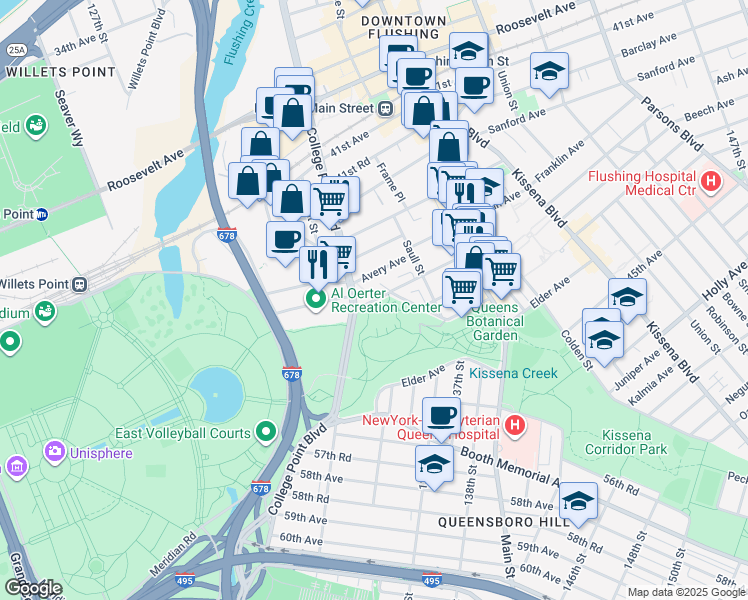 map of restaurants, bars, coffee shops, grocery stores, and more near 42-60 Crommelin Street in Queens