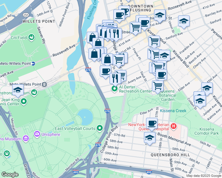 map of restaurants, bars, coffee shops, grocery stores, and more near 13144 Avery Avenue in Queens