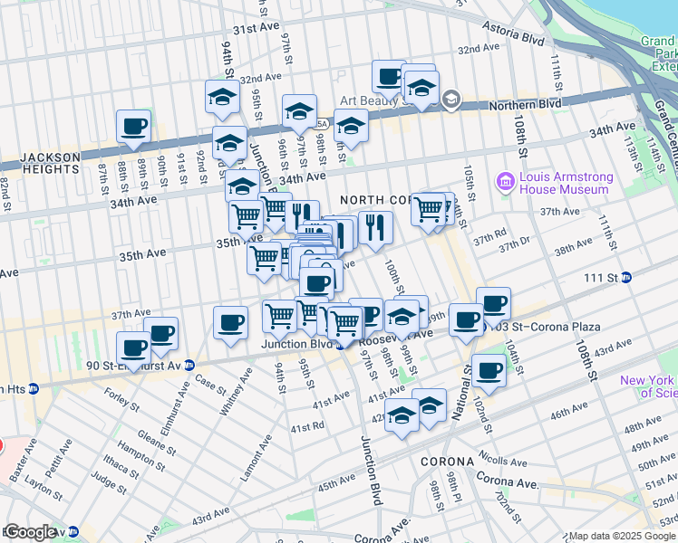 map of restaurants, bars, coffee shops, grocery stores, and more near 98-2 37th Avenue in Queens