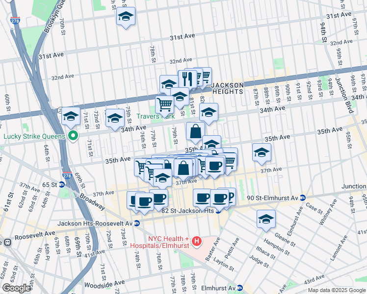map of restaurants, bars, coffee shops, grocery stores, and more near in Queens
