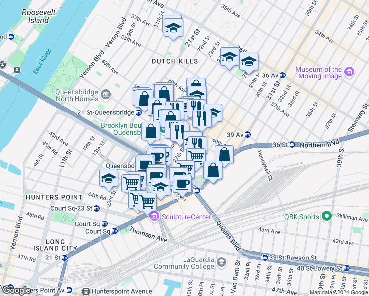 map of restaurants, bars, coffee shops, grocery stores, and more near 27-01 41st Avenue in Queens