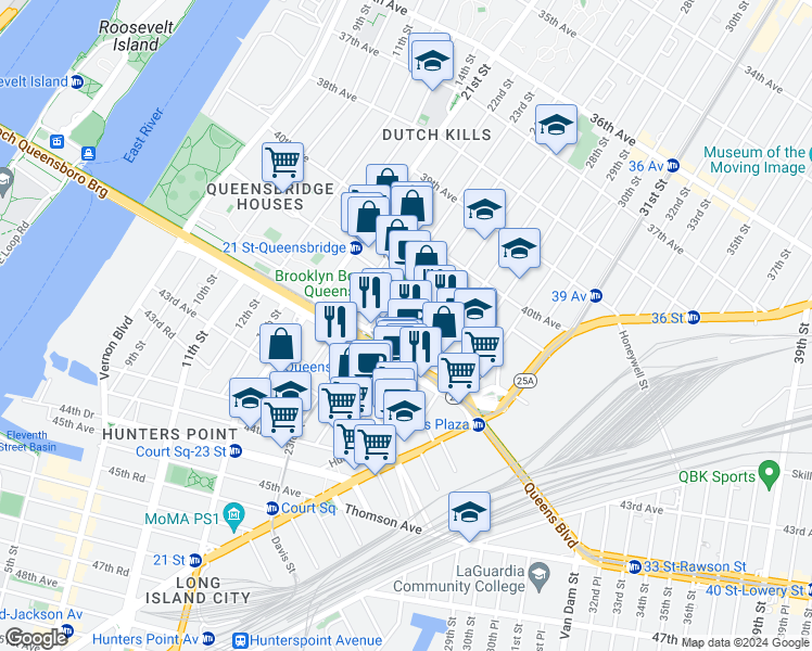 map of restaurants, bars, coffee shops, grocery stores, and more near 41-44 24th Street in Queens