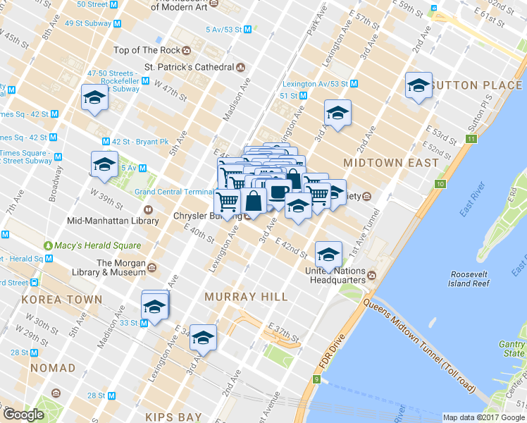 map of restaurants, bars, coffee shops, grocery stores, and more near 666 3rd Avenue in New York