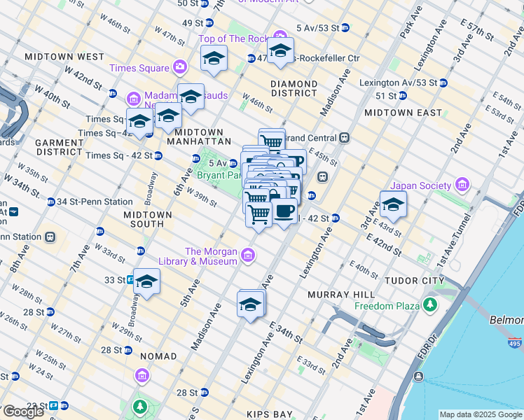 map of restaurants, bars, coffee shops, grocery stores, and more near 18 East 41st Street in New York