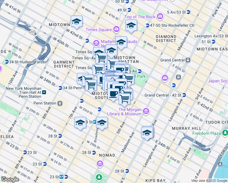 map of restaurants, bars, coffee shops, grocery stores, and more near 112 West 38th Street in New York