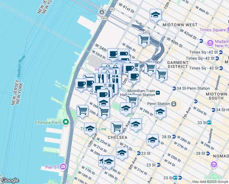 map of restaurants, bars, coffee shops, grocery stores, and more near 519 West 29th Street in New York