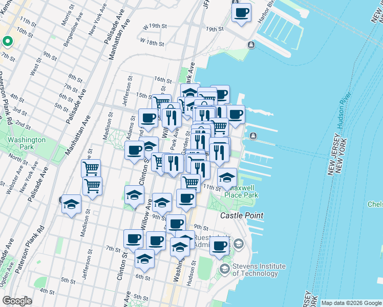 map of restaurants, bars, coffee shops, grocery stores, and more near 1227 Garden Street in Hoboken