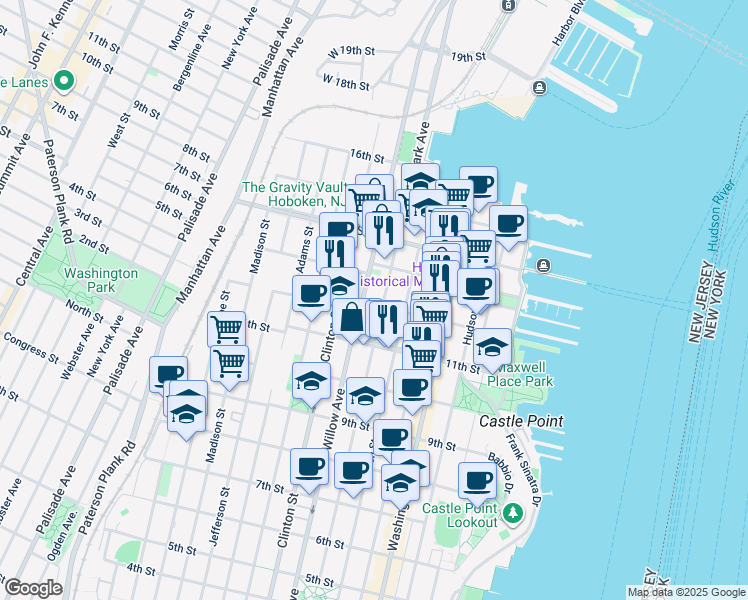 map of restaurants, bars, coffee shops, grocery stores, and more near 1208 Park Avenue in Hoboken
