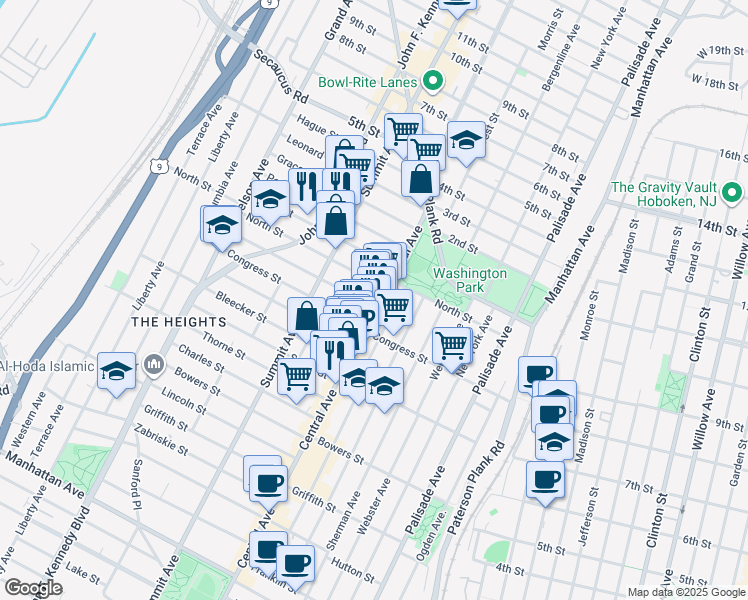 map of restaurants, bars, coffee shops, grocery stores, and more near 14 Graham Street in Jersey City