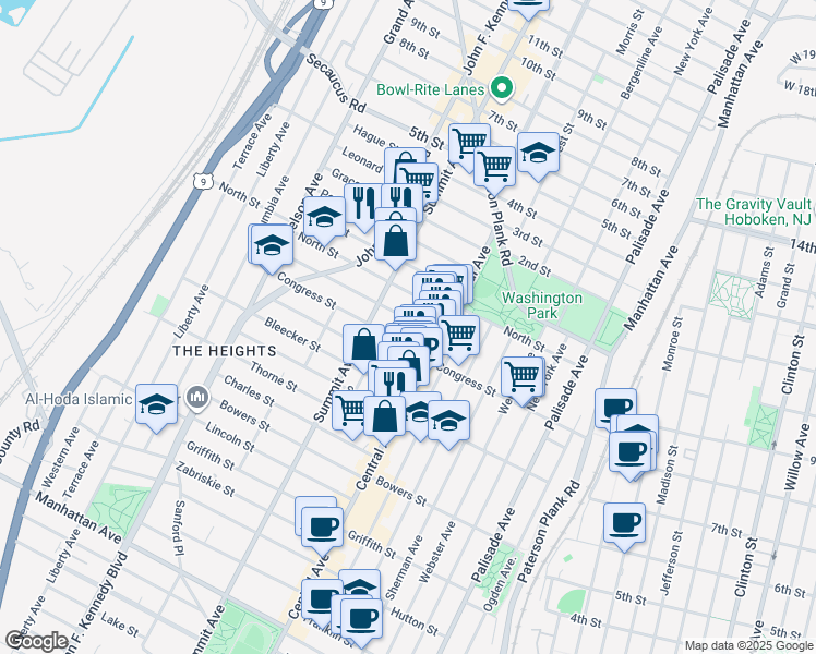 map of restaurants, bars, coffee shops, grocery stores, and more near 41 Graham Street in Jersey City