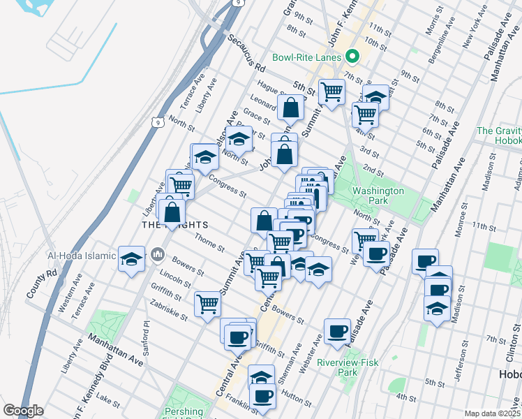 map of restaurants, bars, coffee shops, grocery stores, and more near 181 Congress Street in Jersey City