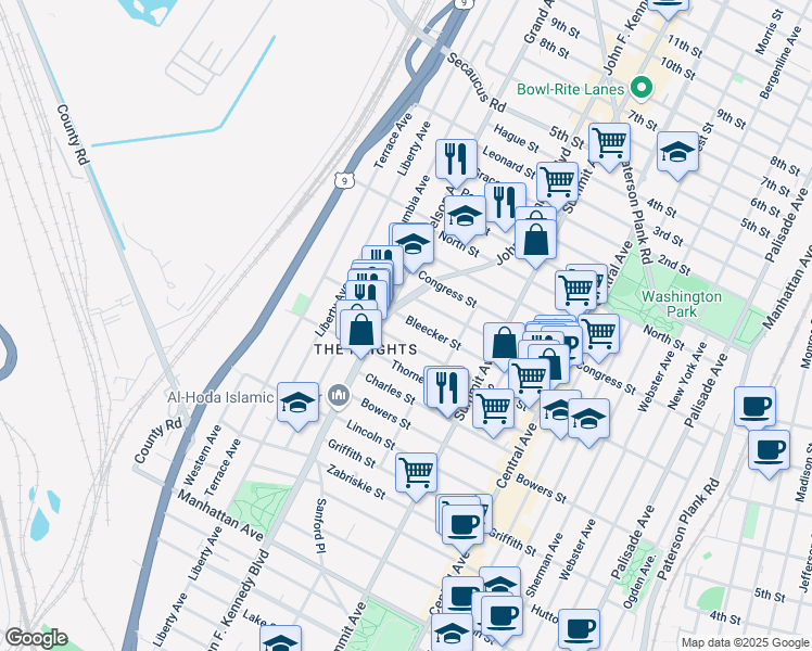 map of restaurants, bars, coffee shops, grocery stores, and more near 116 Bleecker Street in Jersey City