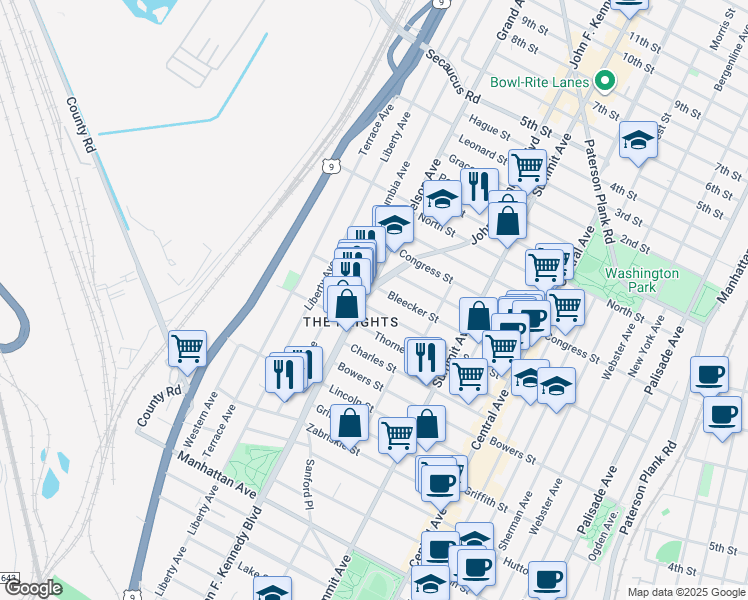 map of restaurants, bars, coffee shops, grocery stores, and more near 3523 John F. Kennedy Boulevard in Jersey City