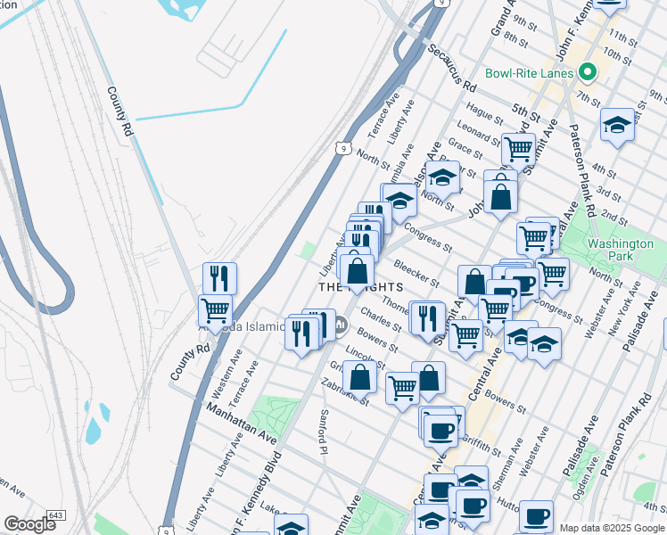 map of restaurants, bars, coffee shops, grocery stores, and more near 454 Liberty Avenue in Jersey City