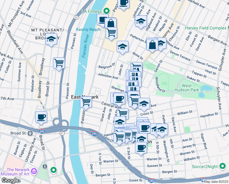 map of restaurants, bars, coffee shops, grocery stores, and more near 444 John Street in East Newark