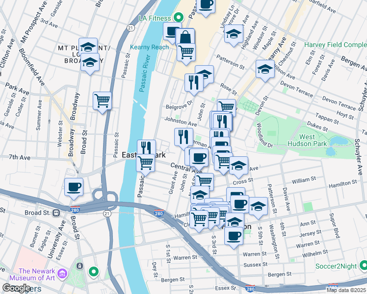 map of restaurants, bars, coffee shops, grocery stores, and more near 255 Grant Avenue in East Newark