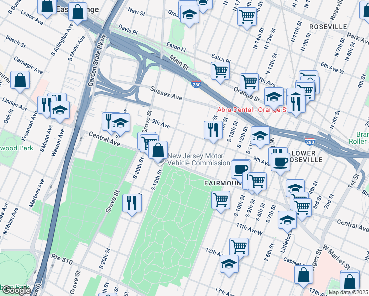 map of restaurants, bars, coffee shops, grocery stores, and more near 24 South 17th Street in East Orange