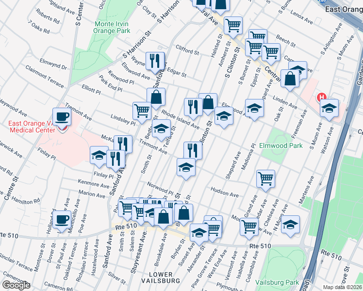 map of restaurants, bars, coffee shops, grocery stores, and more near 453 Halsted Street in East Orange