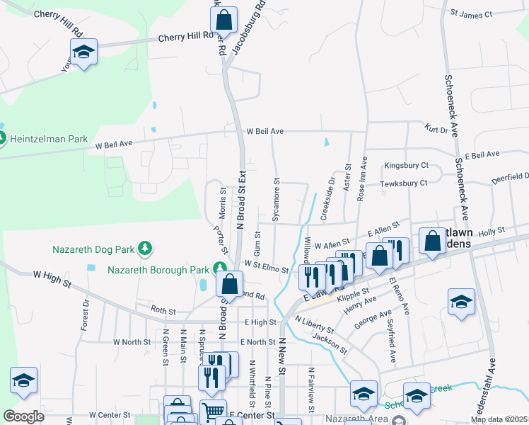 map of restaurants, bars, coffee shops, grocery stores, and more near 89 Gum Street in Nazareth